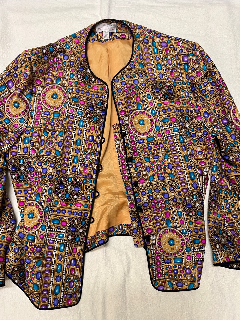 Vintage 90s Adrianna Papell 100% Silk Gold Multicolor Jacket